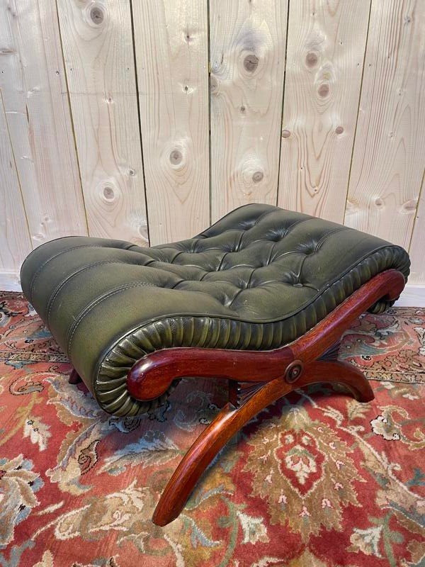 Chesterfield English Footrest In Green Leather -photo-3