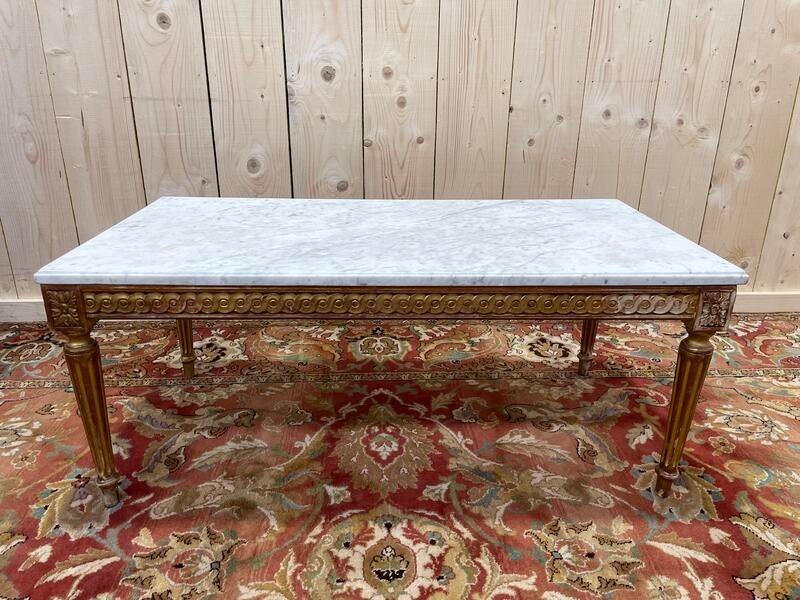 Louis XVI Style Coffee Table In Gilded Wood And Carrara Marble -photo-2