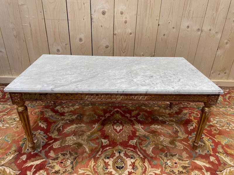 Louis XVI Style Coffee Table In Gilded Wood And Carrara Marble 