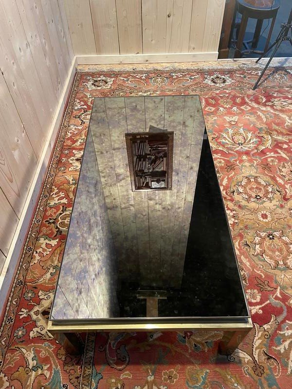 1970s Gold Metal And Mirror Coffee Table-photo-3