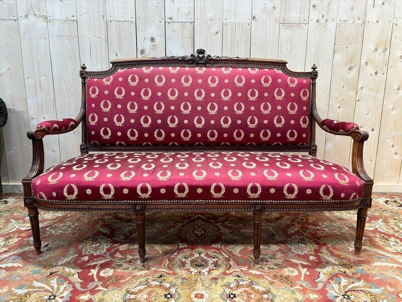 Louis XVI Style Bench In Burgundy Fabric -photo-4