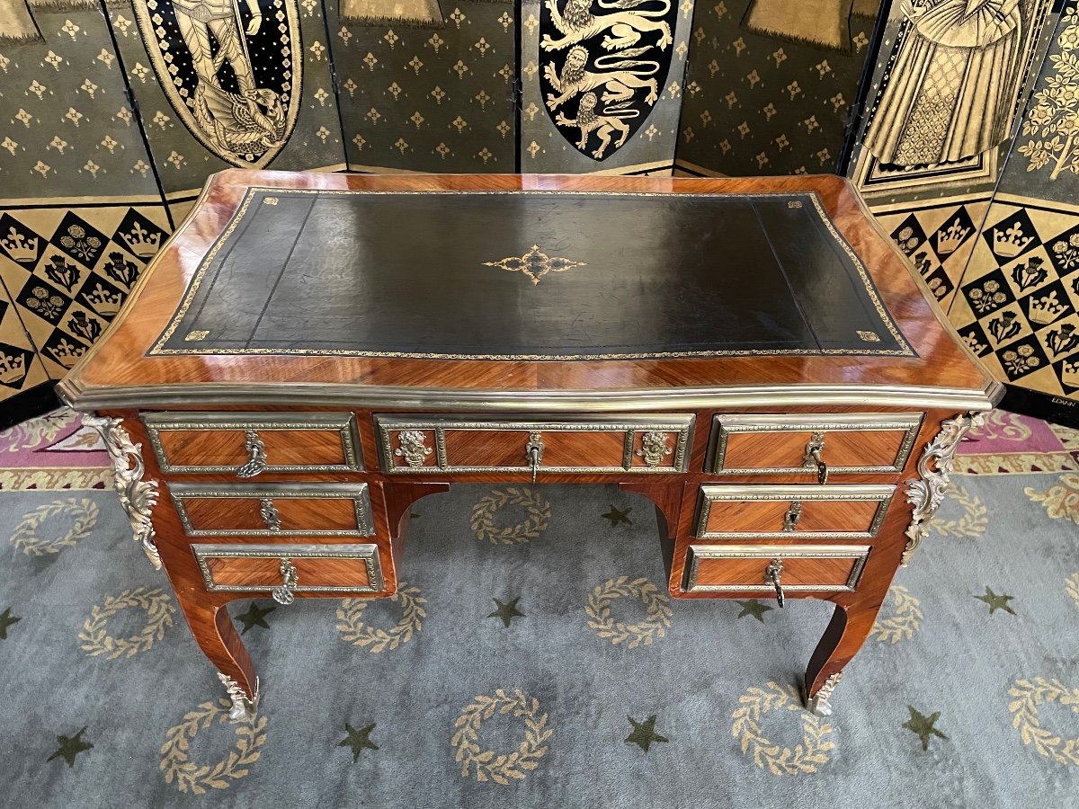 Louis XV Style Flat Desk - Transition In Marquetry-photo-3