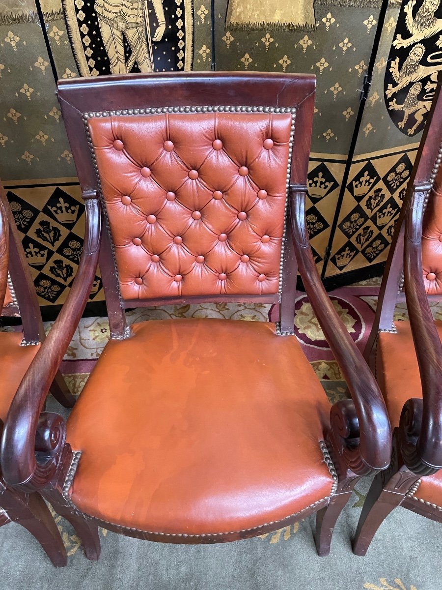 4 Restoration Period Armchairs In Leather And Mahogany -photo-4