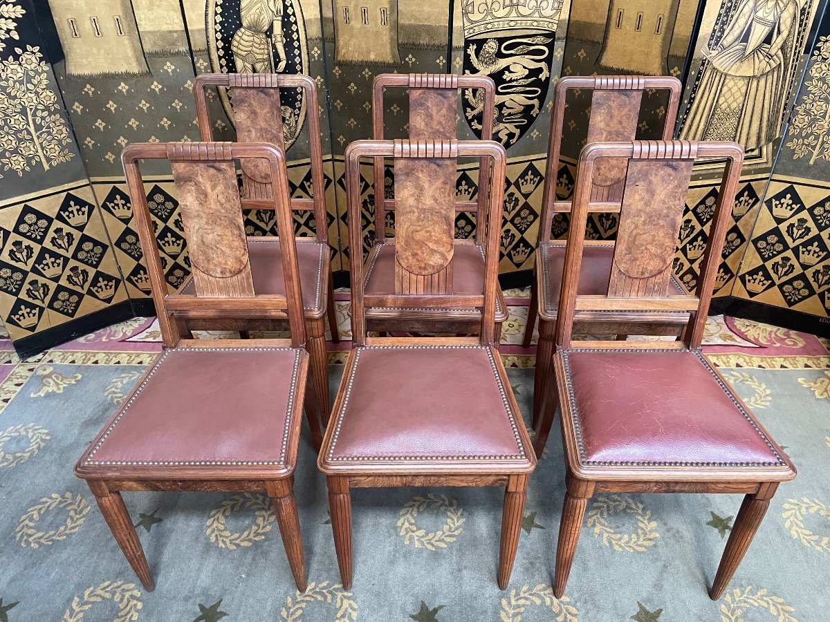 6 Art Deco Period Chairs In Mahogany And Leather-photo-2