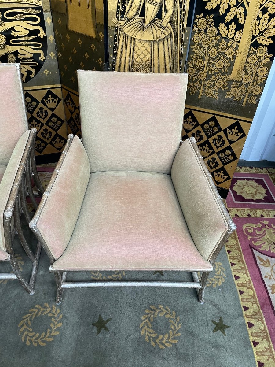 Suite Of 6 Bergere Armchairs In Silver Bamboo And Velvet-photo-3