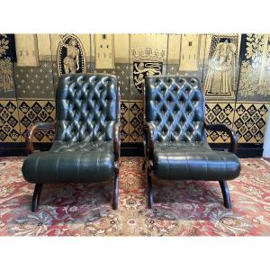 Paire De Fauteuils Chesterfield Anglais 