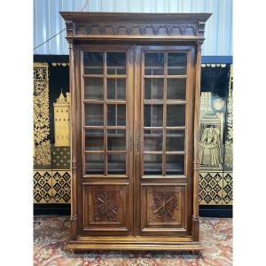 Armoire - Bibliothèque - Vitrine En Noyer Style Renaissance 