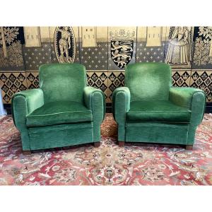 Pair Of Green Velvet Club Armchairs 