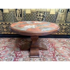 Round Dining Table In Oak And Ceramic 1970 Signed Barrois 