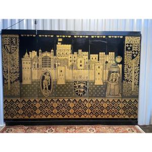 Black And Gold Lacquered Wooden Screen Signed E.dann