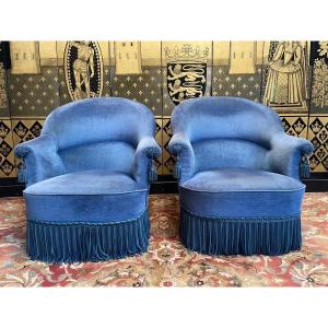 Pair Of Toad Armchairs In Blue Velvet