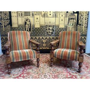 Paire De Fauteuils Colonial En Acajou 