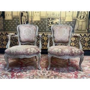 Pair Of Louis XV Style Genoa Velvet Cabriolet Armchairs