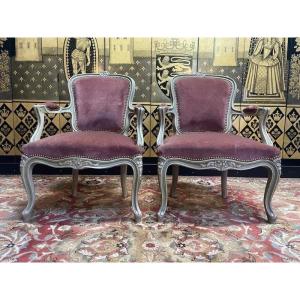 Pair Of Louis XV Style Cabriolet Armchairs Rechampi Velvet