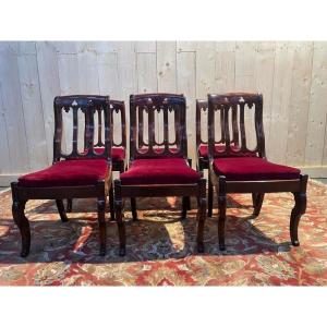 Set Of 6 Restoration Period Mahogany And Netting Chairs