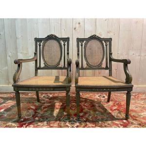 Pair Of Louis XVI Armchairs With Reupholstery And Caning. 