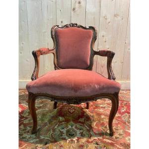 Fauteuil Cabriolet De Style Louis XV  Velours Rose 