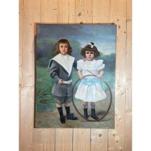 Oil On Canvas Cyprien Boulet Portrait Of Children 