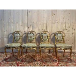 Suite De 4 Chaises En Bois Doré Napoléon III