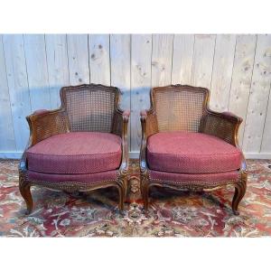 Pair Of Louis XV Style Cane Armchairs - Bergeres 