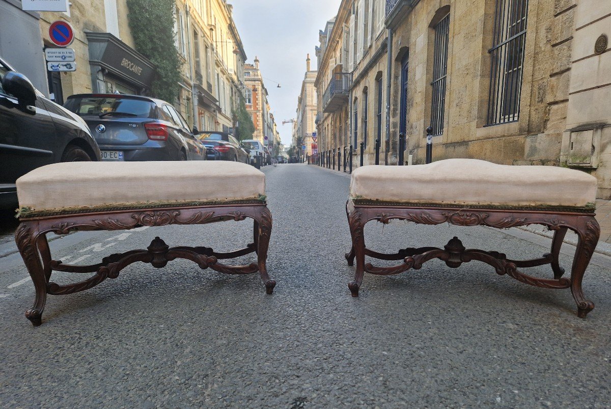 Superb And Rare Pair Of Louis XV Style Stools With Great Decoration. 