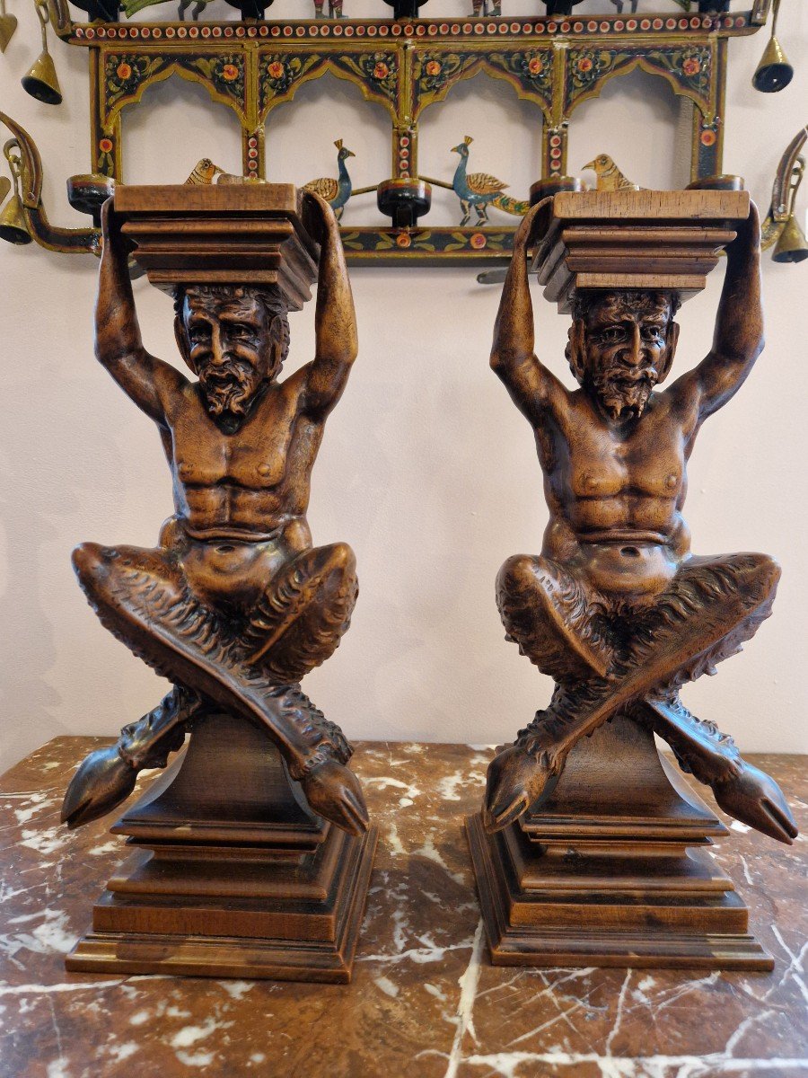 Set Of 4 Atlanteans From The End Of The 19th Century Representing Seated Satyrs.-photo-2