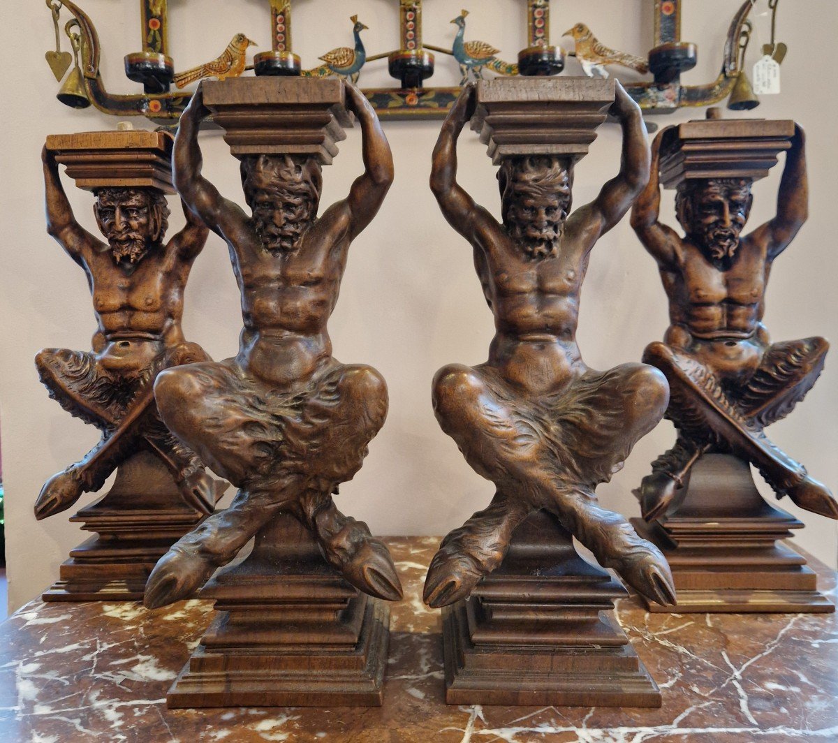 Set Of 4 Atlanteans From The End Of The 19th Century Representing Seated Satyrs.