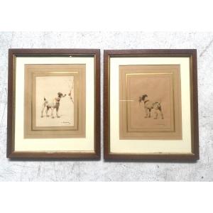 2 Watercolors By Charles De Condamy Representing Jack Russell Dogs 