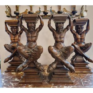 Set Of 4 Atlanteans From The End Of The 19th Century Representing Seated Satyrs.