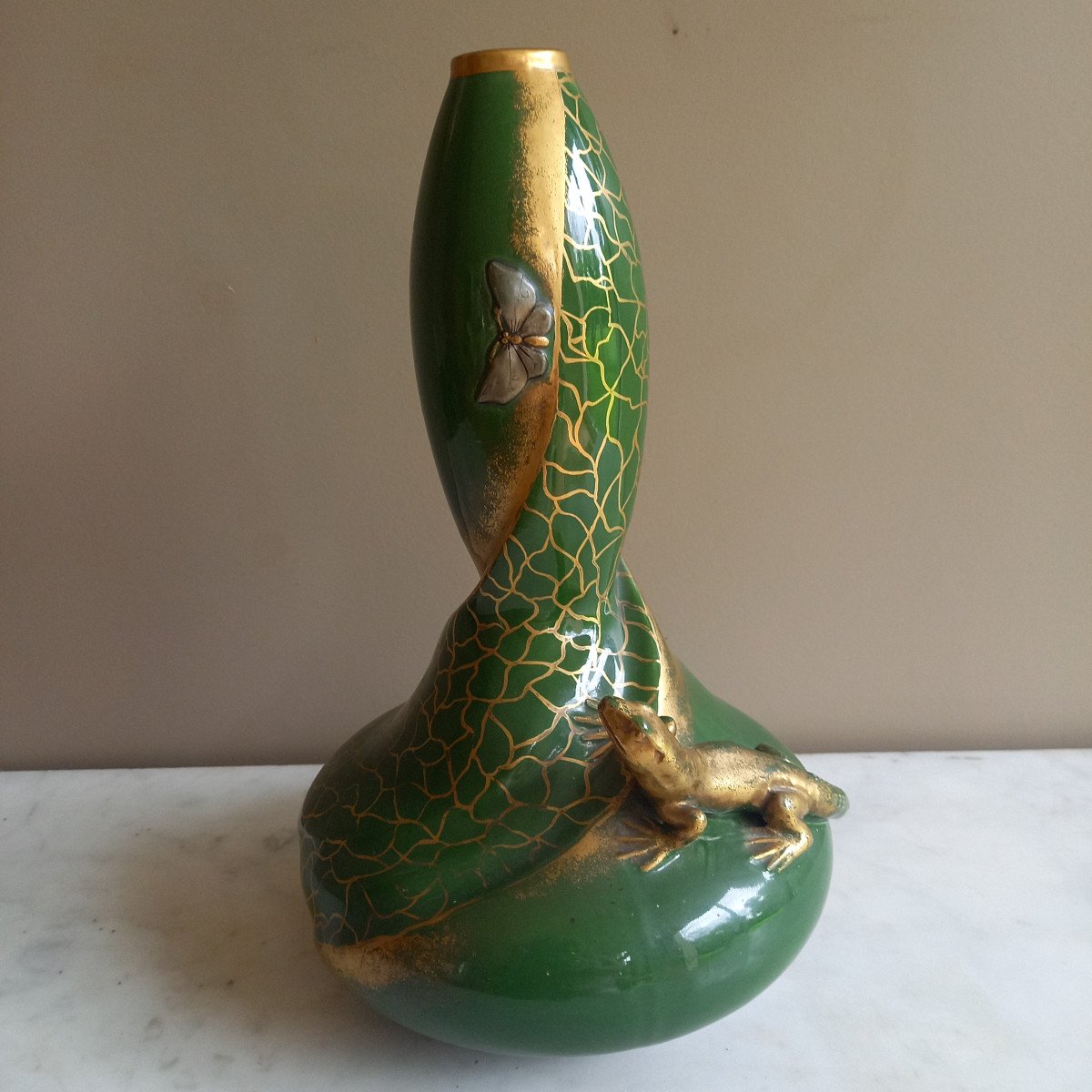 Vase Ceramique Manufacture De Pierrefonds "le Lézard Et Le Papillon"-photo-3