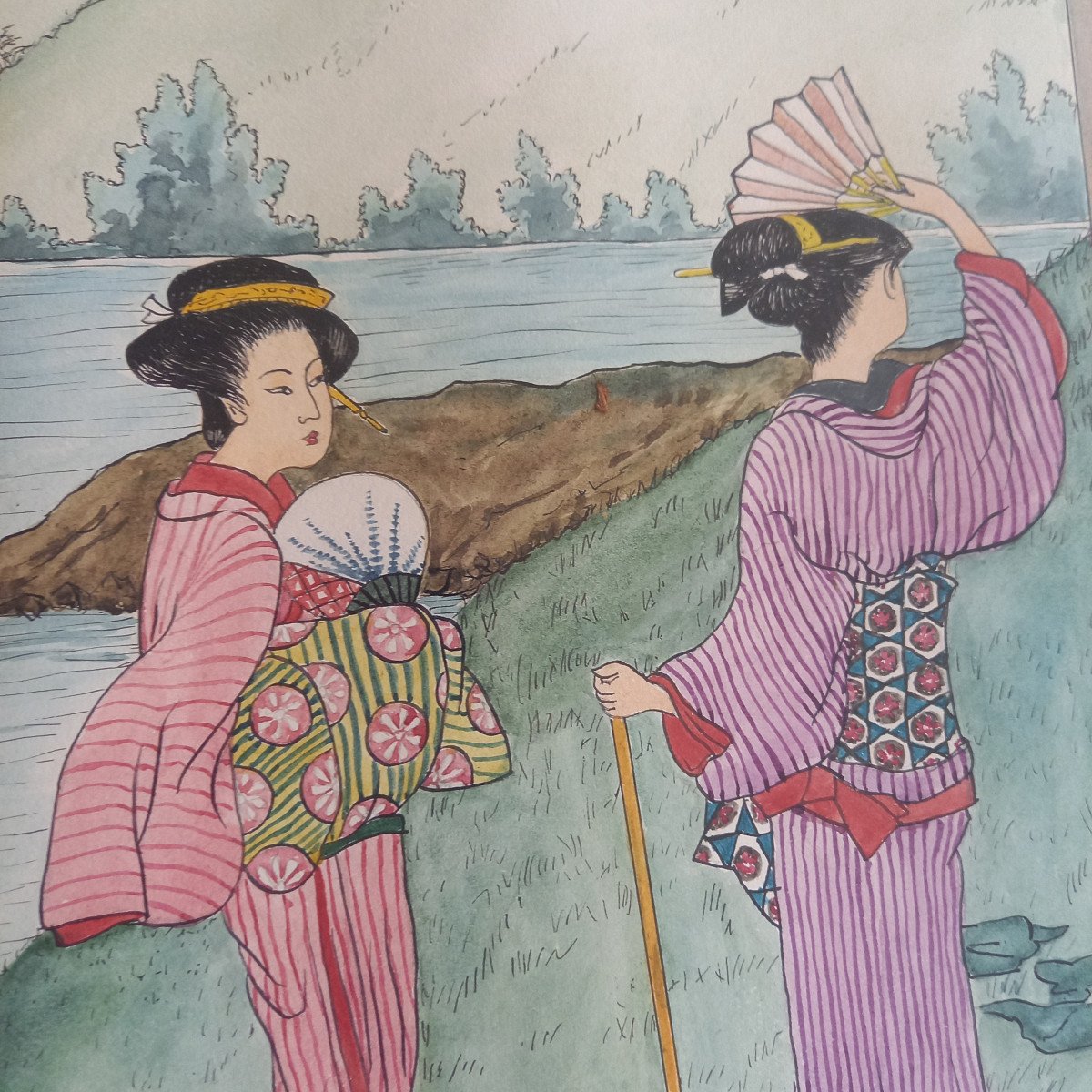 Paire d'Aquarelles Representant Des Geishas-photo-3