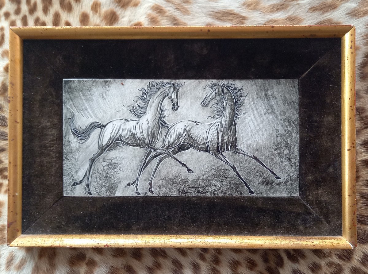 Framed Faience Representing Two Galloping Horses