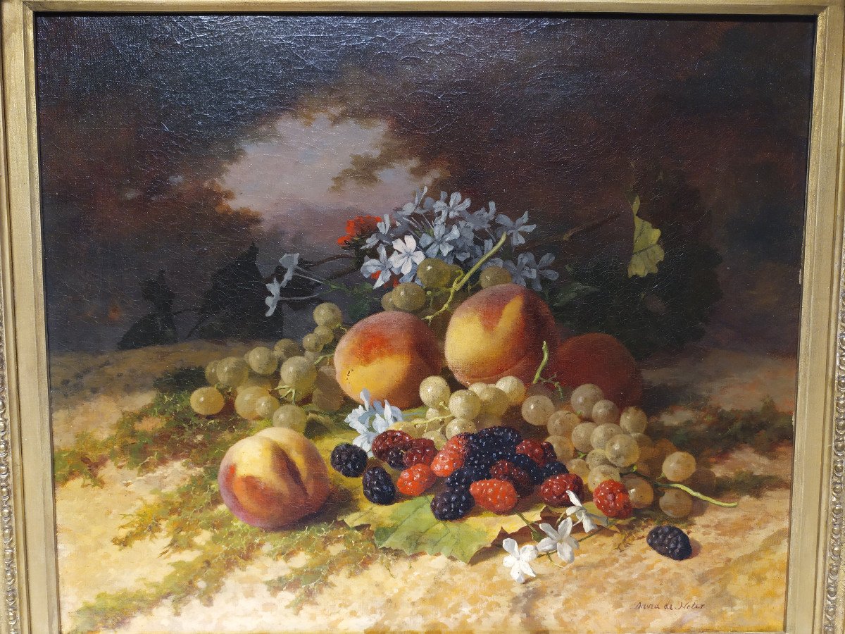 Huile Sur Toile- Nature Morte Aux Fruits Et Fleurs -david De Noter - XIXème-photo-3