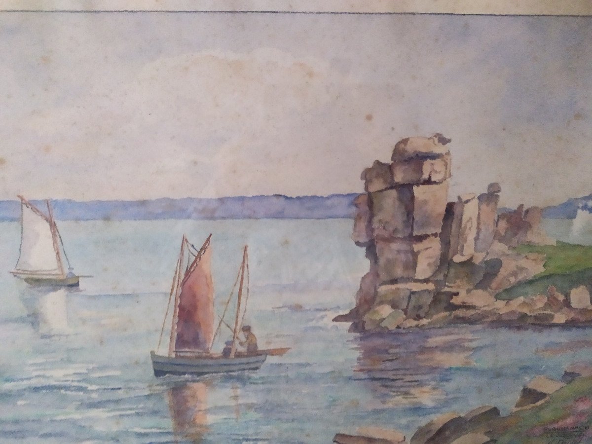 Marine Watercolor Brittany Ploumanac'h - A. Daniel - 20th Century.-photo-2