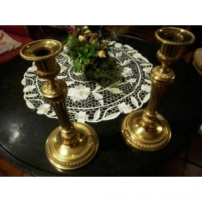 Pair Of Candlesticks In Bronze Dore - Louis XVI Style