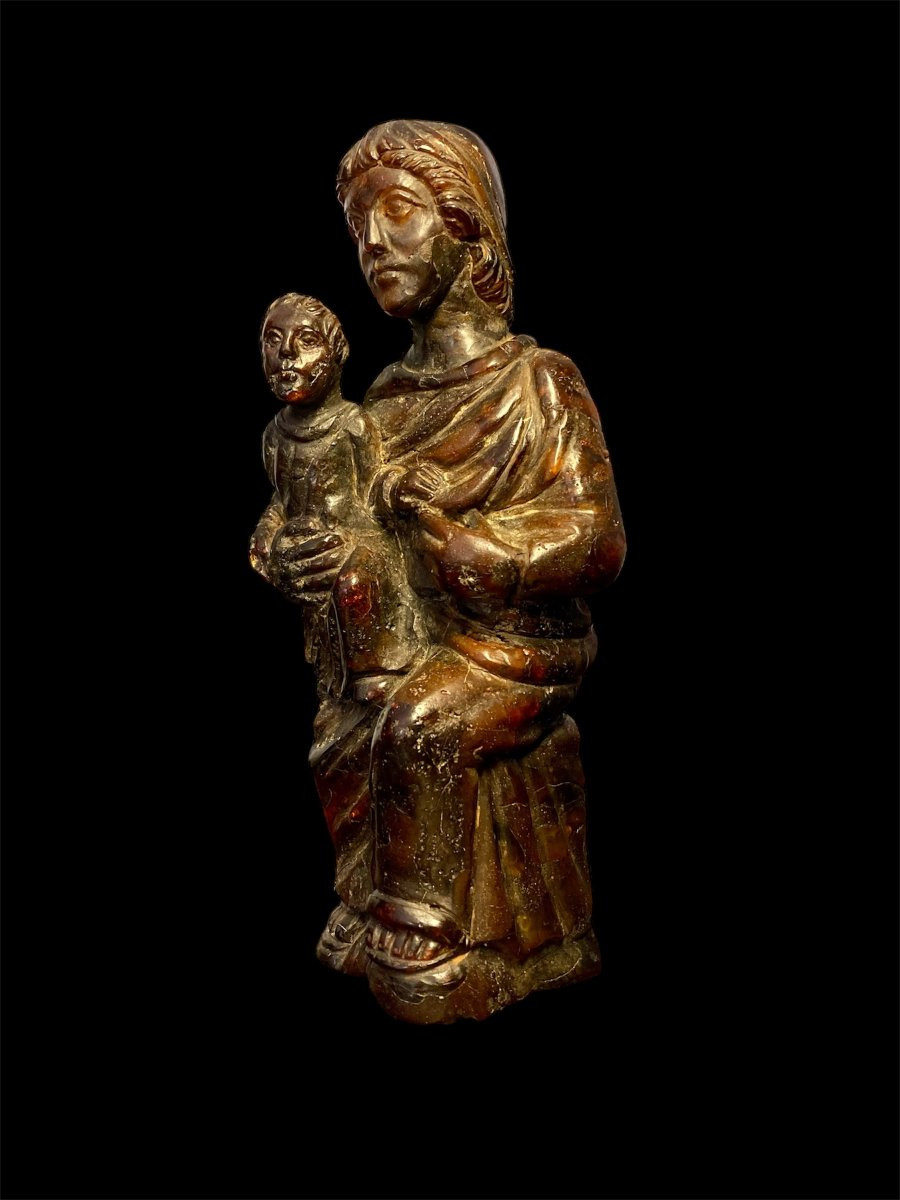 Early XV Century - Baltic Black Amber - Enthroned Madonna With Child-photo-3