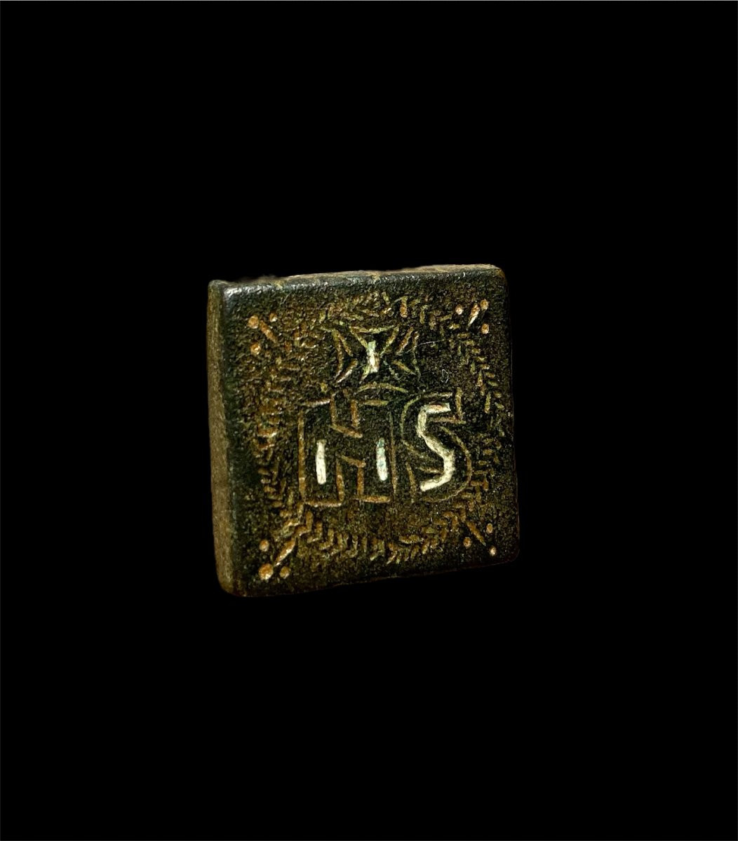 Medieval Coin Weight In Engraved Bronz Inlaid In Silver-photo-3
