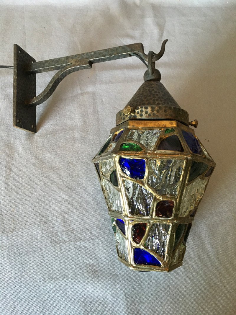 Wrought Iron And Stained Glass Wall Lamp