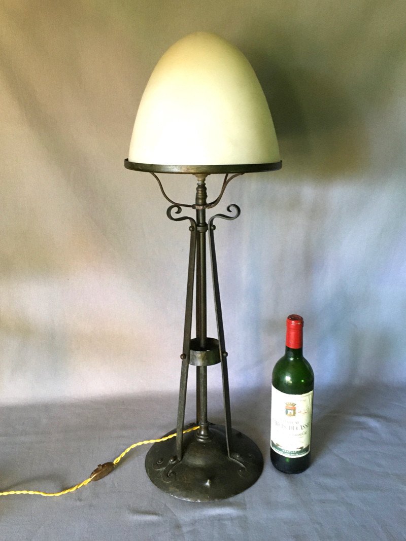 Grande Lampe Art Nouveau En Bronze Avec Verrerie Le Verre Français-photo-2