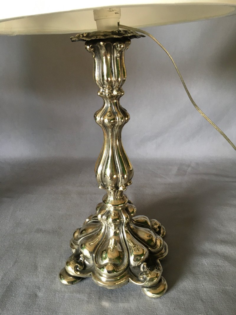 Pair Of Silver Metal Candle Holders Mounted As Lamps-photo-2