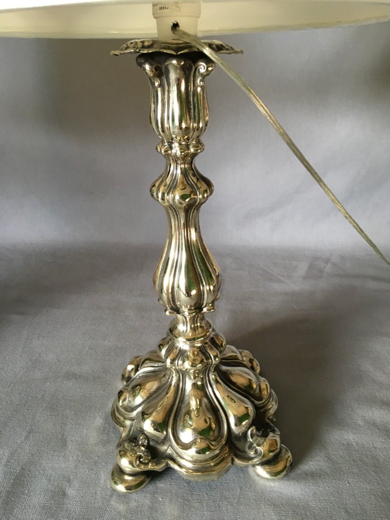 Pair Of Silver Metal Candle Holders Mounted As Lamps-photo-3