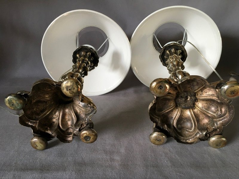 Pair Of Silver Metal Candle Holders Mounted As Lamps-photo-4