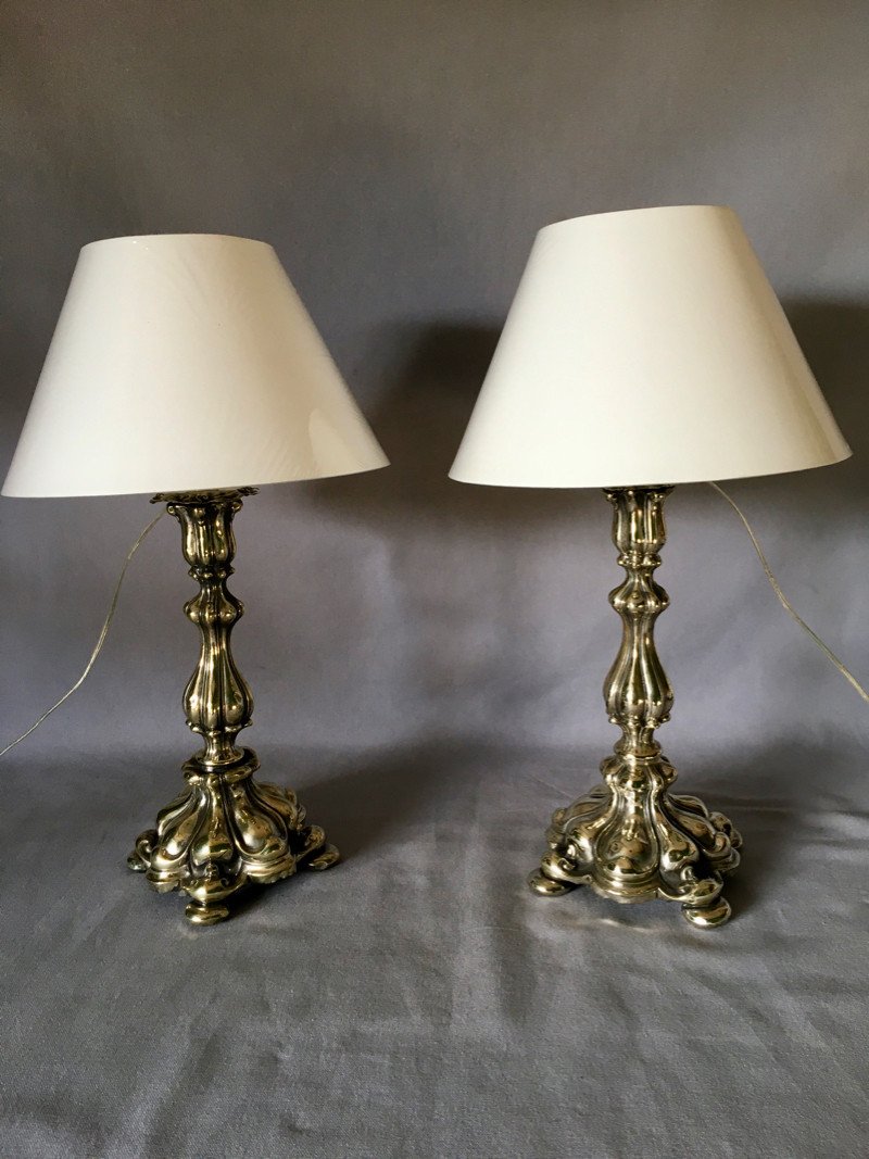 Pair Of Silver Metal Candle Holders Mounted As Lamps