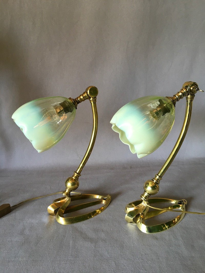 Pair Of Art Nouveau Benson Type Lamps-photo-3