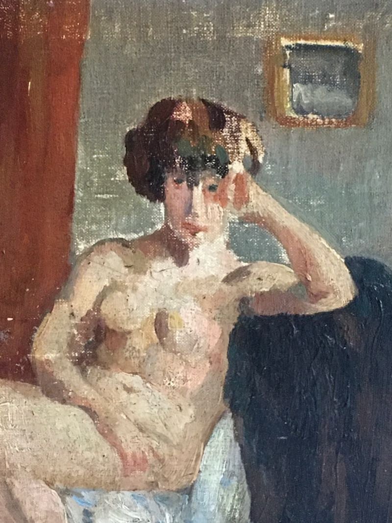 Oil On Canvas Naked Sitting Signed Odette Des Garets-photo-3