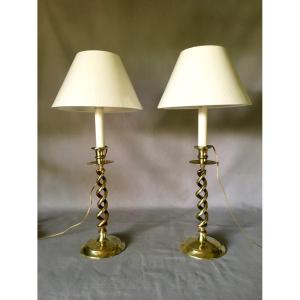 Pair Of Twisted English Candlesticks Mounted As Lamps