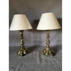 Pair Of Silver Metal Candle Holders Mounted As Lamps