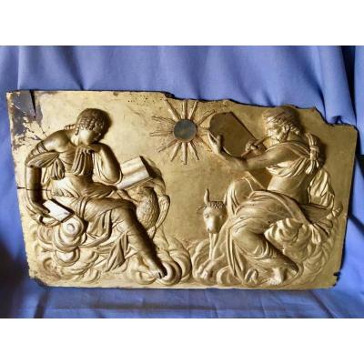 Carved And Gilded Wooden Panel In Low Relief 