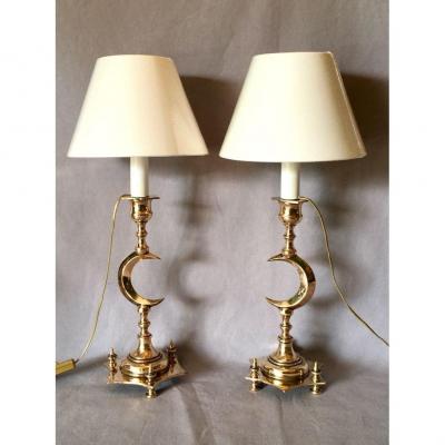 Pair Of Orientalist Candlesticks Mounted In Lamp