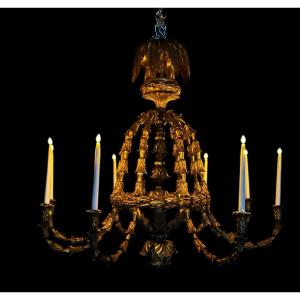 Large Golden Wood Chandelier